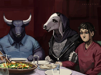 alternative_fashion anthro clothed clothing detailed_background dinner facial_piercing female floppy_ears food furniture goth group hoodie horn inside male nose_piercing nose_ring piercing ring_piercing romantic romantic_couple salad table topwear trio water zipper zarzaliel bovid bovine cattle human mammal absurd_res hi_res daughter_(lore) father_(lore) father_and_child_(lore) father_and_daughter_(lore) parent_(lore) parent_and_child_(lore) parent_and_daughter_(lore)