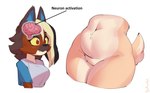 anthro black_hair breasts brown_body brown_fur clothing crotch_focus duo featureless_crotch female female/female fur hair navel null red_eyes shirt simple_background tail text topwear white_background yellow_sclera borvar neuron_activation gutzi_(rappidrobin) tori_yiffany canid canine canis domestic_dog mammal 2023 digital_media_(artwork) english_text hi_res meme