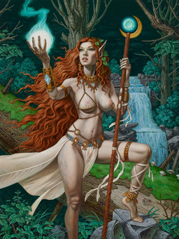 5_fingers breasts brown_hair detailed_background female fingers forest genitals gold_(metal) gold_jewelry grass hair holding_object holding_staff humanoid_pointy_ears jewelry long_hair looking_up magic nipples not_furry outside plant pointy_ears pubes rock shrub solo staff tree vulva waterfall clyde_caldwell elf humanoid 2011 hi_res traditional_media_(artwork)
