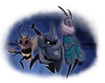 5_fingers antennae_(anatomy) armor black_eyes black_legs boomerang clothed clothing featureless_legs female fingers fluffy group holding_object holding_weapon male mouth_closed pose purple_eyes trio weapon white_eyes wings sol-lar-bink bug_fables hollow_knight moonsprout_games team_cherry kabbu_(bug_fables) leif_(bug_fables) vi_(bug_fables) arthropod bee hymenopteran insect 2020 digital_media_(artwork)