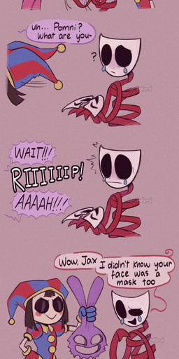 5_panel_comic angry anthro blue_clothing blue_eyes bodily_fluids broken_mask brow_hair clothed clothing crying dialogue empty_eyes female fool's_hat frown group hand_on_hip hat headgear headwear jester_outfit laugh male mask multicolored_clothing multicolored_eyes overalls pink_clothing pink_overalls purple_body red_clothing red_eyes ribbons sad screaming simple_background smile speech_bubble tears teeth text torn_face torn_skin trio two_tone_clothing two_tone_eyes unusual_anatomy yellow_sclera yellow_teeth norithelord glitch_productions nickelodeon spongebob_squarepants the_amazing_digital_circus gangle_(tadc) jax_(tadc) pomni_(tadc) animate_inanimate humanoid lagomorph leporid living_mask mammal rabbit 2026 absurd_res artist_name comic english_description english_text hi_res watermark