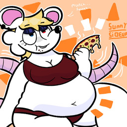 abstract_background anthro arm_support belly belly_overhang big_belly big_ears blonde_hair bra breasts buckteeth cheek_tuft cleavage clothed clothing crumbs crumbs_on_face ear_piercing eating eating_food eyebrow_through_hair eyebrows eyelashes eyeshadow facial_tuft female food fur hair heterochromia holding_food holding_object leaning leaning_backward lidded_eyes long_tail makeup medium_breasts motion_lines navel onomatopoeia outline overweight overweight_anthro overweight_female panties piercing pizza raised_arm short_hair sitting solo sound_effects sports_bra tail teeth text thick_thighs translucent translucent_hair tuft underwear white_body white_fur white_outline wide_hips sunnysideupe normalsville pepsi_(normalsville) mammal mouse murid murine rodent 1:1 2026 absurd_res artist_name hi_res shaded signature