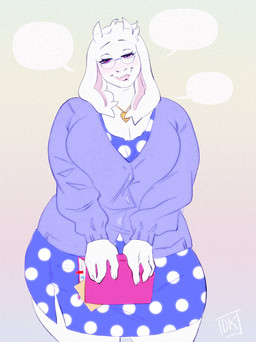 2_horns 4_fingers anthro big_breasts blue_clothing blue_dress blue_eyes book breasts cleavage clothed clothing curvy_figure dress eyebrows eyelashes eyewear female fingers floppy_ears fully_clothed fur glasses holding_book holding_object horn huge_breasts jewelry looking_at_viewer mature_female necklace polka_dot_dress polka_dots smile solo speech_bubble standing sweater thick_thighs topwear voluptuous wearing_glasses white_body white_fur wide_hips darkriallet undertale_(series) toriel boss_monster_(undertale) bovid caprine goat mammal 2026 absurd_res hi_res