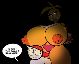 ambiguous_gender anthro areola big_breasts breasts dim_lighting duo female female/ambiguous glowing glowing_eyes huge_breasts hyper hyper_breasts larger_female machine nipples puffy_areola puffy_nipples size_difference speech_bubble text thick_thighs wide_hips klacket five_nights_at_freddy's five_nights_at_freddy's_2 scottgames cupcake_(fnaf) toy_chica_(fnaf) animatronic avian bird chicken galliform humanoid phasianid robot 2025 digital_drawing_(artwork) digital_media_(artwork) english_text hi_res shaded