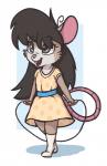 anthro brown_body brown_fur brown_hair buckteeth clothed clothing dress female footwear freckles fur grey_eyes hair holding_object jump_rope legwear open_mouth simple_background smile socks solo teeth young young_anthro aggie_(artist) ember_(aggie) mammal mouse murid murine rodent 2018 digital_media_(artwork) hi_res