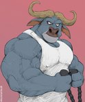 2_horns anthro barazoku biceps big_muscles clothing exercise flexing furrowed_brow horn huge_muscles male muscular muscular_anthro muscular_male shirt simple_background solo tank_top topwear triceps vein veiny_muscles workout tylerstark disney zootopia chief_bogo bovid bovine cape_buffalo mammal half-length_portrait hi_res portrait