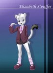 anthro biped black_bottomwear black_clothing black_eyes black_footwear black_markings black_nose black_sclera black_shoes black_skirt blue_necktie bottomwear clothed clothing dipstick_tail eyebrows female footwear front_view head_tuft markings necktie school_uniform shirt simple_background skirt socks solo standing tail tail_markings text topwear tuft uniform white_body white_clothing white_footwear white_shirt white_socks white_topwear young young_anthro young_female risingdragon elizabeth_stouffer domestic_ferret hybrid mammal mustelid musteline stoat true_musteline weasel 2023 absurd_res english_text hi_res model_sheet