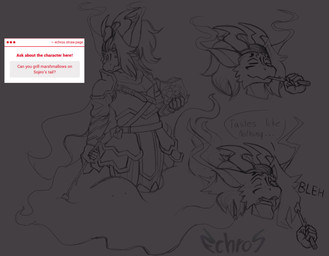 anthro armor candy claws clothed clothing dessert dialogue disgust food fur hair horn male marshmallow open_mouth simple_background smile solo standing stick tail tasting teeth text echros mythology sojiro_(echros) dragon mythological_creature mythological_scalie scalie digital_media_(artwork) hi_res