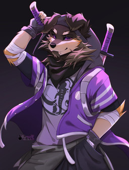 anthro bandage black_background black_nose bottomwear brown_body brown_fur cheek_tuft clothed clothing facial_piercing facial_tuft fangs floppy_ears folded_ears fully_clothed fur hand_in_pocket holding_melee_weapon holding_object holding_sword holding_weapon jacket male melee_weapon pants piercing pockets purple_clothing purple_eyes purple_jacket purple_topwear simple_background solo sword teeth topwear tuft weapon yellow_body yellow_fur bitterk4t canid canine canis domestic_dog mammal 2022 digital_drawing_(artwork) digital_media_(artwork) hi_res