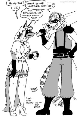 anthro buster_sword clothed clothing container cup dialogue duo eyewear female glasses gloves grin half-closed_eyes handwear legwear male male/female melee_weapon narrowed_eyes open_clothing open_topwear smile sword text thigh_highs topwear unimpressed weapon tegerio final_fantasy final_fantasy_vii square_enix cloud_strife rick2tails rina_(runei) white_mage_(final_fantasy) canid canine fox mammal procyonid raccoon 2021 english_text greyscale hi_res monochrome herm_(lore)
