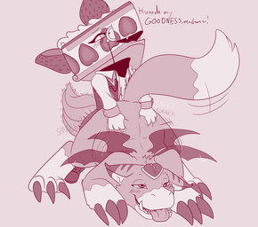 anthro ass_up butt butt_grab cake claws dessert duo eyewear female flapping food from_behind_position hand_on_butt male male/female male_penetrating monocle penetration sex slightly_chubby slightly_chubby_female text wings roguemorpho bandai_namco digimon amara_(kerilyn) digimon_(species) dorumon food_creature shortmon x-digimon english_text hi_res