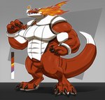 anthro featureless_crotch male muscular muscular_anthro muscular_male open_mouth pecs red_body solo valentine_eisenberg nintendo pokemon generation_9_pokemon humanoid pokemon_(species) skeledirge