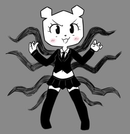 anthro asian_clothing black_bottomwear black_clothing black_legwear black_skirt black_stockings black_tie_(suit) blush blush_lines bottomwear clothing crop_top east_asian_clothing exposed_belly female grey_background japanese_clothing japanese_school_uniform legwear miniskirt navel open_mouth paper parody school_uniform shirt simple_background skirt slim solo standing stockings suit tentacles topwear uniform disfigure cartoon_network creepypasta the_amazing_world_of_gumball slenderman teri_(tawog) bear mammal paper_creature 2025 hi_res