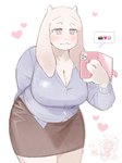 anthro big_breasts blush bottomwear breasts cellphone clothing collarbone cute_fangs electronics emoji eyebrows fangs female fur heart_symbol horn huge_breasts leaning leaning_forward phone purple_eyes shirt skirt smartphone solo teeth topwear white_body white_fur taku_10288 undertale_(series) toriel boss_monster_(undertale) bovid caprine goat mammal 2024 hi_res