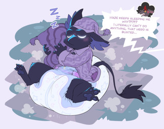3_toes 4_fingers anthro barefoot beak beak_closed big_diaper biped black_beak black_body black_fur black_pawpads black_tail black_tail_tuft blush blush_lines bottomless bottomless_anthro bottomless_male button_(fastener) claws clean_diaper clothed clothed_anthro clothed_male clothing cross-popping_vein cutaway dialogue diaper diaper_puff duo ellipsis expression_cutaway eyes_closed feet finger_claws fingers fur hat headgear headwear hindpaw hug huge_diaper hugging_object hugging_pillow interrobang male mouth_closed nightcap one_ear_up pajama_shirt pajamas pattern_clothing pattern_hat pattern_headgear pattern_headwear pattern_topwear pawpads paws pillow pointy_speech_bubble purple_clothing purple_hat purple_headgear purple_headwear purple_inner_ear purple_pajamas purple_topwear semi-anthro sitting sitting_on_diaper sleeping sleepwear solo_focus sound_effects speech_bubble spread_legs spreading tail tail_tuft text toe_claws toes topwear tuft vowelless vowelless_sound_effect wearing_diaper wetness_indicator white_diaper young young_anthro young_male zzz bubblepuppers deadlock_(game) innocentenough mythology valve inno_(innocentenough) rem_(deadlock) avian chimera dream_creature gryphon mythological_avian mythological_creature 2026 english_text hi_res
