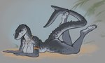 anthro blue_eyes breasts butt eyewear female fin glasses grey_body grey_scales jewelry looking_at_viewer lying necklace non-mammal_breasts nude on_front round_glasses scales smile solo tail tail_fin adalfyre marine mosasaur mosasaurus prehistoric_species reptile scalie