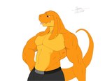 4_ears anthro biceps big_pecs bottomwear clothed clothing jagged_mouth looking_away male multi_ear muscular muscular_male orange_body pants pecs piercing shirtless simple_background solo three-quarter_view tongue tongue_out topless white_background spoongod final_fantasy square_enix locke_(spoongod) bangaa colored signature