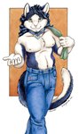 anthro black_body black_fur black_hair blue_bottomwear blue_clothing blue_collar blue_jeans blue_pants bottomwear clothed clothing collar collar_tag denim denim_bottomwear denim_clothing fur green_towel hair heart_collar_tag humanoid_hands jeans looking_at_viewer male navel nipples pants pecs pink_nose reaching_towards_viewer simple_background smile smiling_at_viewer solo standing tail topless towel towel_on_shoulder white_body white_fur white_inner_ear yellow_eyes xianjaguar tevildo domestic_cat felid feline felis mammal 2001 portrait shaded three-quarter_portrait traditional_media_(artwork)