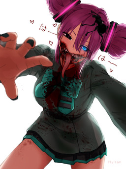 black_bottomwear black_clothing black_nails black_skirt blood blood_from_mouth blood_in_mouth blood_on_face blood_on_leg blood_on_shirt blood_on_teeth blue_eyes bodily_fluids bottomwear bow_tie breasts carrying_another clothing colored_nails creepy double_bun duo female glowing glowing_eyes green_clothing green_shirt green_topwear hair hair_bun heart_symbol heterochromia horror_(theme) looking_at_viewer low-angle_view medium_breasts medium_hair nails naughty_face not_furry_focus on_head open_mouth open_smile pleated_skirt purple_hair reaching_towards_viewer scary sharp_teeth shirt simple_background skirt smile smiling_at_viewer solo_focus steamy_breath teal_bow_tie teeth text tongue tongue_out topwear white_background wide_hips hylran calne_ca arthropod beetle humanoid insect monster monstrous_humanoid weevil 2024 3:4 absurd_res artist_name digital_drawing_(artwork) digital_media_(artwork) hi_res japanese_text