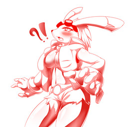 anthro big_breasts blush bottomwear breasts cleavage clothed clothing crossgender exclamation_point eyewear female fur gloves goggles hair handwear interrobang long_hair mtf_crossgender navel open_mouth question_mark shorts simple_background skimpy solo teeth tongue torn_clothing tuft white_background white_body white_fur white_hair tailzkim summer_wars king_kazma lagomorph mammal 2015 hi_res