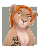 alternate_species anthro brown_nose female fur furrification green_eyes hair red_hair solo tan_body tan_fur tattoo nemushiffer disney metal_family the_lion_king victoria_(metal_family) felid lion mammal pantherine