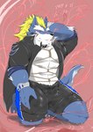 abs anthro black_nose blonde_hair clothed clothing ear_piercing ear_ring eyebrows hair humanoid_hands kneeling male muscular muscular_anthro muscular_male piercing ring_piercing solo thick_eyebrows white_eyebrows kawakyun1 lifewonders tokyo_afterschool_summoners fenrir_(tas) canid canine canis mammal wolf 2019 colored signature