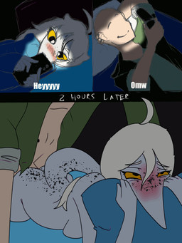 ahoge ambiguous_penetration anthro anthro_penetrated bald bed black_eyes blonde_hair blush blush_lines bottomless breasts bubble_butt butt clothed clothing duo erection eyelashes female female_on_human female_penetrated freckled_butt freckled_face freckled_shoulders freckled_tail freckles from_behind_position furniture genitals green_clothing green_jacket green_topwear grey_body grey_scales hair hug hugging_object hugging_pillow human_on_anthro human_penetrating human_penetrating_anthro human_penetrating_female interspecies jacket jacket_only light-skinned_male light_body light_skin long_hair looking_pleasured male male/female male_human male_on_anthro male_penetrating male_penetrating_anthro male_penetrating_female mostly_nude mostly_nude_human mostly_nude_male nude nude_anthro nude_female on_bed open_clothing open_jacket open_topwear penetration penile penile_penetration penis pillow prone_bone_position scales sex speed_bump_position tail topwear topwear_only yellow_sclera purplekatsnek cavemanon_studios couple_texting_in_bed snoot_game anon_(snoot_game) judee dinosaur human mammal prehistoric_species reptile saurischian scalie theropod troodon troodontid 2025 2d_animation 3:4 animated