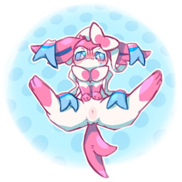 ambiguous_gender blue_eyes blush blush_lines featureless_crotch feral fur nude null paws pink_body pink_fur quadruped ribbons_(anatomy) simple_background solo spread_legs spreading tail white_body astella1204 nintendo pokemon eeveelution generation_6_pokemon pokemon_(species) sylveon 1:1 2025 signature