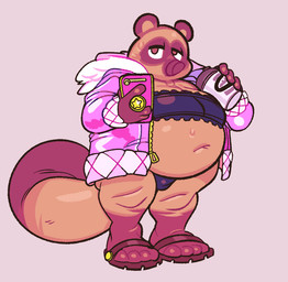 anthro belly beverage big_belly bottomwear bra brown_body bulge cellphone clothed clothing coffee crossdressing electronics feet femboy footwear jacket male mostly_nude navel overweight overweight_male panties phone sandals shoes smartphone solo standing topwear underwear submarine_screw animal_crossing nintendo tom_nook_(animal_crossing) canid canine mammal raccoon_dog tanuki 2022