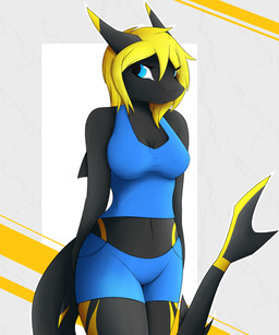 anthro black_body blonde_hair blue_eyes bottomwear breasts clothed clothing eyelashes female hair midriff non-mammal_breasts shirt shorts solo topwear zigzagmag aquatic fish shark 2015 5:6 hi_res