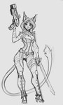 anthro big_breasts boots braided_hair breasts clothing female footwear gun hair handgun high_heeled_boots high_heels long_tail melee_weapon pirate pistol plunging_neckline ranged_weapon science_fiction shoes solo sword tail weapon temils freya_frostmane_(pelorix) felid feline mammal hi_res monochrome