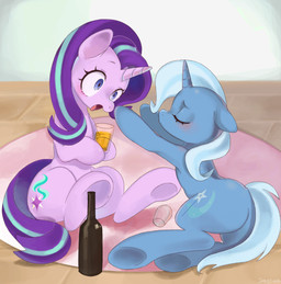 alcohol beverage blue_hair blush bottle container cup cutie_mark drunk duo eyebrows eyelashes eyes_closed female female/female feral floppy_ears glass hair holding_object hooves horn imminent_kiss multicolored_hair nude open_mouth purple_eyes purple_hair rug sitting substance_intoxication tongue two_tone_hair underhoof wide_eyed jus+ice friendship_is_magic hasbro my_little_pony mythology starlight_glimmer_(mlp) trixie_(mlp) equid equine mammal mythological_creature mythological_equine unicorn 2018 hi_res