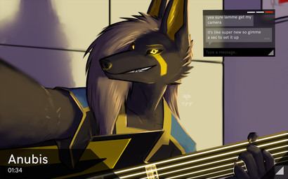 anthro black_body black_fur black_sclera claws clothing cybernetics electric_guitar fretless_guitar fur guitar hair looking_at_viewer machine male musical_instrument p700 playing_guitar playing_music plucked_string_instrument smile solo string_instrument text user_interface kavaeric egyptian_mythology middle_eastern_mythology mythology anu anubis anubian_jackal canid canine canis deity jackal mammal 16:10 2017 digital_media_(artwork) english_text hi_res widescreen