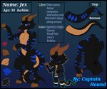 anthro black_body black_border black_scales blue_stripes border brown_horn chibi clothing horn male scales solo stripes tail tan_underbelly text captain_hound jex_the_kobold draconic kobold scalie 6:5 english_text hi_res model_sheet