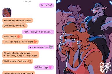 ambiguous_gender anthro big_breasts braided_hair breasts brown_body brown_fur cleavage clothed clothing cuckold dancing duo_focus ear_piercing female fur grinding group hair implied_chastity nightclub overweight overweight_anthro overweight_female piercing selfie text texting gingerlybreadart janelle_(gingerlybreadart) bovid bovine canid canine cattle equid equine fox horse mammal english_text