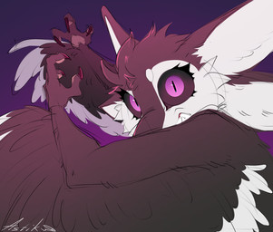 3_fingers 4_ears ambiguous_gender anthro black_body black_claws black_feathers black_finger_claws black_fur black_sclera black_wings cheek_tuft claws clenched_teeth countershading digitigrade eyelashes facial_tuft feathered_wings feathers feet finger_claws fingers fluffy fur gradient_background hair looking_at_viewer multi_ear multicolored_body nude pawpads paws pink_pawpads pupils purple_background purple_eyes simple_background slit_pupils smile smiling_at_viewer solo teeth text toes tuft tufted_fur white_body white_feathers white_fur winged_arms wings astik fyr_(fenrir784) avali avian bird 2026 artist_name colored colored_sketch digital_drawing_(artwork) digital_media_(artwork) english_text hi_res portrait signature sketch maleherm_(lore)