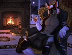 alcohol anthro armchair balcony balls_outline beverage big_bulge black_body black_bottomwear black_clothing black_fur black_nose black_shorts blue_claws blue_eyes bottle bottomwear bulge carpet chair claws clothing container detailed_background detailed_bulge digitigrade evening eyebrows fire firelight fireplace full_moon fur furniture genital_outline glass glass_door grey_body grey_fur hair huge_bulge inviting light looking_at_viewer luxury male moon moonlight mountain multicolored_body multicolored_ears multicolored_fur multicolored_hair multicolored_tail neck_tuft night on_armchair orange_body orange_eyebrows orange_fur orange_pawpads pawpads shorts sitting smile snow snowing solo spread_legs spreading stripes tail tail_aside text tight_bottomwear tight_clothing tight_shorts tuft waiting whiskers whiskey white_body white_fur white_stripes winter clockhands aberfeldy athoswolf1337 canid canine canis mammal wolf 2020 absurd_res digital_media_(artwork) hi_res url