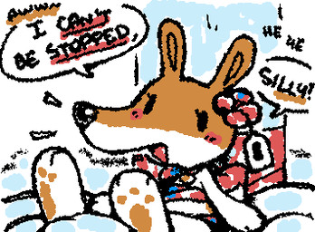 ambiguous_anthro ambiguous_gender anthro biped black_eyes black_nose black_text blush brown_body brown_ears emanata empty_eyes exclamation_point feet gift_wrapped giggle hindpaw laugh multicolored_body open_mouth pawpads paws price_tag red_blush simple_eyes snout solo speech_bubble squigglevision stylized_empty_eyes text two_tone_body white_body wrapped ligma_(artist) olive_the_other_reindeer olive_(olive_the_other_reindeer) canid canine canis domestic_dog mammal 2026 animated archived_source digital_drawing_(artwork) digital_media_(artwork) english_text low_res wigglypaint_(artwork) female_(lore)