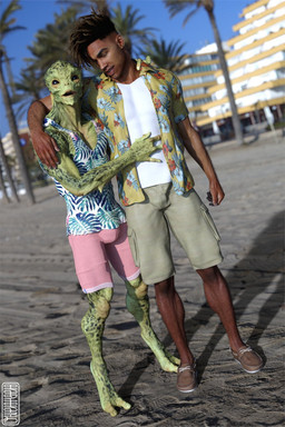 2_toes 4_fingers aloha_shirt athletic barefoot black_eyes clothed clothing dreadlocks duo feet fingers footwear green_body hand_on_belly human_on_monster looking_aside looking_down male male/male narrowed_eyes noseless outside palm_tree pattern_clothing pattern_shirt pattern_topwear plant sand shirt shoes smile spikes tank_top teratophilia toes topwear tree unusual_anatomy ugnaughtsden jonah_(ugnaughtsden) alien human humanoid mammal monster unknown_species 2020 3d_(artwork) blender_(artwork) digital_media_(artwork) hi_res