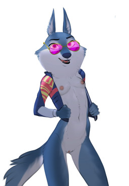 anthro black_nose breasts clothing countershading eyewear female fur genitals grey_body grey_fur jacket jacket_vest looking_at_viewer multicolored_body multicolored_fur navel nipples simple_background slim small_breasts smile solo sunglasses tail thigh_gap topwear two_tone_body two_tone_fur vest vulva white_background white_body white_fur discreet_user illumination_entertainment sing_(movie) porsha_crystal canid canine canis mammal wolf hi_res