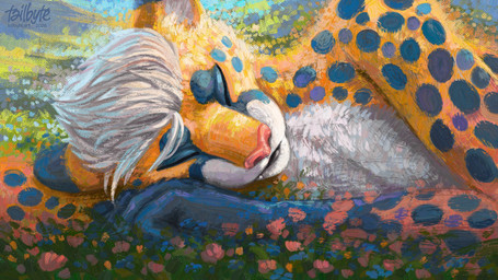 anthro eyes_closed flower fur grass hair male markings nature outside pink_nose plant sleeping solo spots spotted_body white_hair yellow_body tailbyte cheetah felid feline mammal 16:9 absurd_res digital_media_(artwork) digital_painting_(artwork) hi_res painting_(artwork) portrait shaded signature widescreen