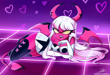 angry armwear bare_shoulders big_breasts breasts cleavage clothed clothing dress elbow_gloves eyelashes female gloves hair handwear heart_(marking) heart_symbol horn horn_markings legwear long_eyelashes long_hair lying lying_on_ground markings membrane_(anatomy) membranous_wings not_furry on_ground on_side pink_body pink_eyes pink_skin pupils slit_pupils solo spade_tail star_(marking) strapless_clothing strapless_dress tail thigh_highs white_hair wings yellow_sclera the-butcher-x hellaverse helluva_boss verosika_mayday demon horned_humanoid humanoid succubus tailed_humanoid winged_humanoid 2022 absurd_res hi_res