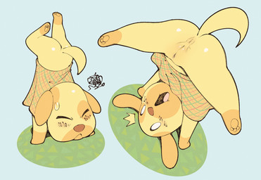 anthro anus blush blush_lines brown_body brown_ears brown_fur butt chibi clothed clothed_anthro clothed_female clothing dress emanata empty_eyes eyes_closed female female_anthro floppy_ears frustration_cloud fur genitals green_clothing green_dress handstand humanoid_genitalia humanoid_vulva multicolored_body multicolored_clothing multicolored_dress multicolored_fur no_underwear open_mouth orange_clothing orange_dress pawpads pink_tongue red_clothing red_dress solo spread_legs spreading tail tongue two_tone_body two_tone_fur upside_down vulva white_eyes wide_eyed yellow_anus yellow_body yellow_fur yellow_tail yellow_vulva mmuhu animal_crossing nintendo goldie_(animal_crossing) bird_dog canid canine canis domestic_dog golden_retriever hunting_dog mammal retriever 2025 hi_res