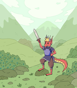 anthro armor blonde_hair blue_eyes clothed clothing female green_eyes hair heterochromia holding_object holding_weapon horn long_ears melee_weapon red_body simple_background smile solo sword tail weapon yellow_body young kimmey mythology nealime_kenna dragon mythological_creature mythological_scalie scalie digital_media_(artwork) hi_res