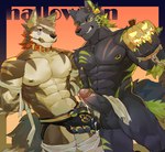 abs anthro balls biped bit_gag duo erection gag genitals holidays humanoid_genitalia humanoid_penis jack-o'-lantern male muscular muscular_anthro muscular_male nipple_piercing nipples penis piercing kitai_su halloween xiangsu_(kitai_su) canid canine canis mammal wolf 2022 absurd_res hi_res