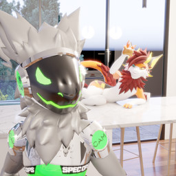 anthro armor biped black_hand black_hands body_hair breastplate c.a.m. chest_fur chest_hair chest_tuft chrome chrome_body cybernetic_arm cybernetic_limb cybernetics digitigrade duo fingers fluffy fluffy_ears fluffy_hair fluffy_tail food fruit fur glowing glowing_body glowing_eyes green_body green_eyes grey_body grey_fur grey_hair hair holding_food holding_object horn kitchen lying machine male mango_(fruit) metal metallic_body military multicolored_body neck_tuft orange_body plant prosthetic prosthetic_arm prosthetic_limb protogen_armor protogen_face protogen_visor protogenized robotic robotic_arm robotic_limb screen screen_face smile soldier special_forces tail tail_tuft tuft warrior white_body vibincane9 mythology cane9 yuri_chacal canid canine canis dragon jackal mammal mythological_creature mythological_scalie nardoragon protogen scalie 1:1 3d_(artwork) colored digital_media_(artwork) hi_res