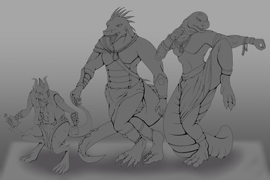 anthro armor big_tail bottomwear claws clothing dagger digitigrade fighting_pose frill_(anatomy) gauntlets gloves group handwear jewelry loincloth male melee_weapon money_bag necklace pose scales spines tail toe_claws topwear vest weapon lordofnothin1 crocodile crocodilian gecko kobold lizard lizardman reptile scalie 3:2 monochrome