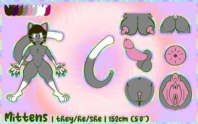 4_toes 5_fingers ambiguous_gender anthro anus balls breasts butt clitoris color_swatch feet fingers fur genitals grey_body grey_fur intersex navel pawpads penis solo spread_vulva spreading text thick_thighs toes toony urethra vulva m-a-dragon mittens_(furrywithsocks) domestic_cat felid feline felis mammal absurd_res english_text hi_res model_sheet nonbinary_(lore)