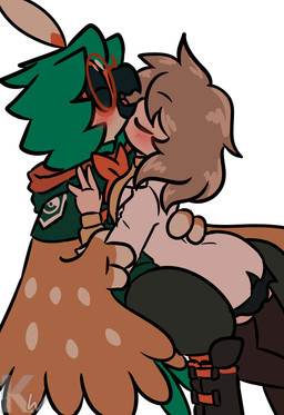 3_fingers 4_fingers anthro beak blush bottomwear brown_body brown_feathers clothing coat cuddling duo eyes_closed feathers female female_human female_on_anthro fingers green_body green_feathers hand_on_arm hand_on_back human_on_anthro interspecies kissing kissing_cheek legwear light_body light_skin male male/female male_anthro male_on_human open_beak open_mouth pokephilia romantic romantic_couple skirt stockings tan_body tan_feathers topwear winged_arms wings kangwolf nintendo pokemon avian decidueye generation_7_pokemon human mammal pokemon_(species) 2023 absurd_res colored hi_res