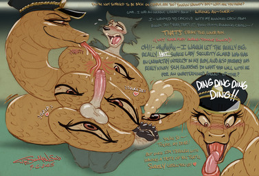 anthro anthro_on_feral balls bestiality blowing_raspberries blush bodily_fluids coiling dominant dominant_female dominant_feral duo feet fellatio female female_feral feral forced forked_tongue genitals imminent_fellatio imminent_oral licking long_tongue male male_anthro oral pawpads penile penis penis_lick rattle_(anatomy) reverse_forced_oral security security_guard sex submissive submissive_anthro submissive_male teasing text tongue tongue_around_penis tongue_out tonguejob thebigmansini beastars legoshi_(beastars) rokume_(beastars) canid canine canis mammal reptile scalie snake wolf english_text hi_res
